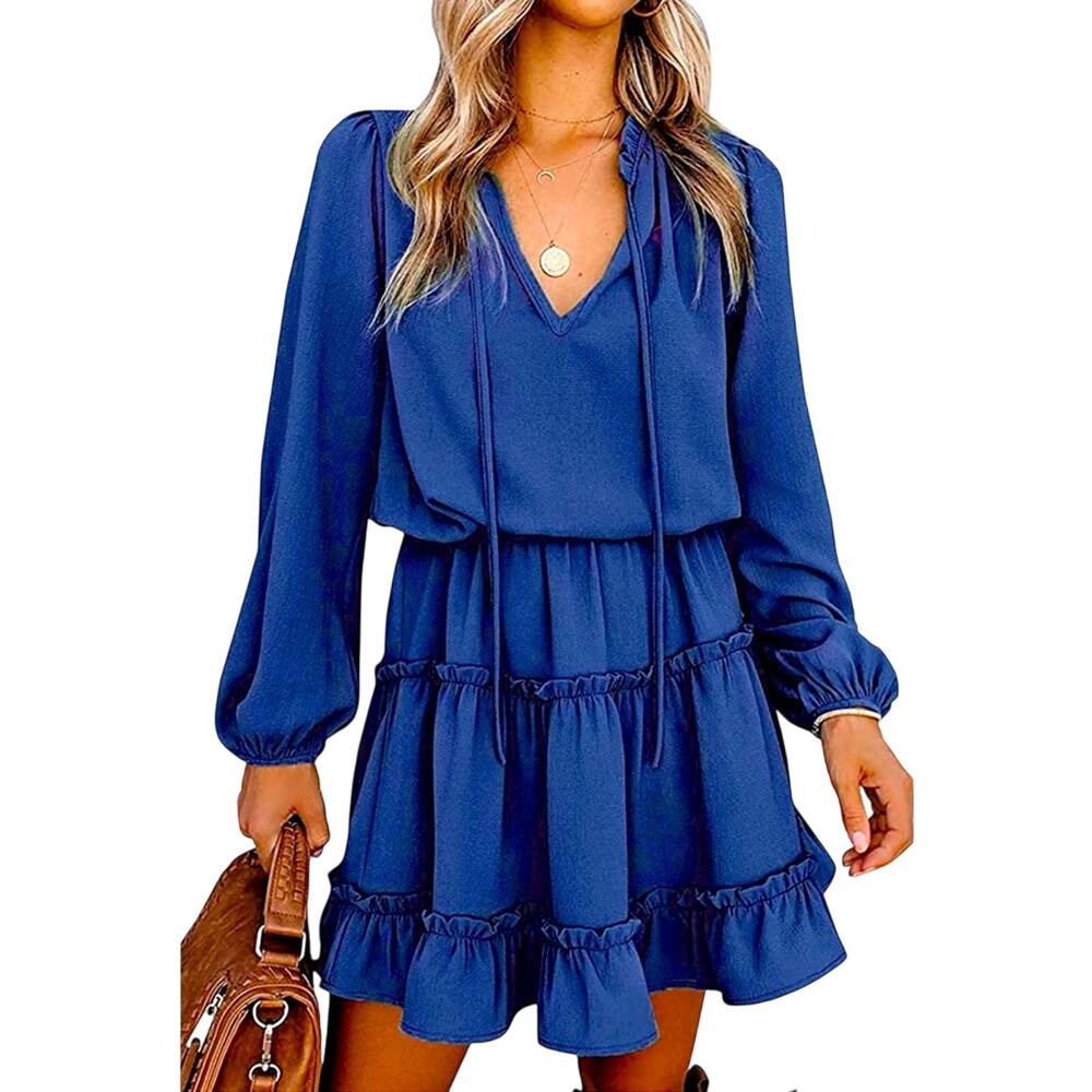 Vacate The Label Blue Tiered Ruffle Mini Dress Medium Cotton Tie Neck